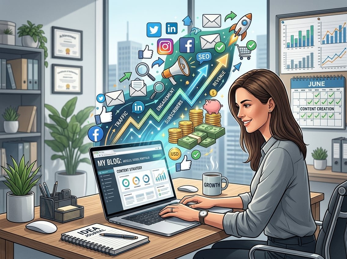 A workspace showing a laptop with a blog, surrounded by graphs, coins, and digital marketing icons, illustrating blogging growing into a successful business.