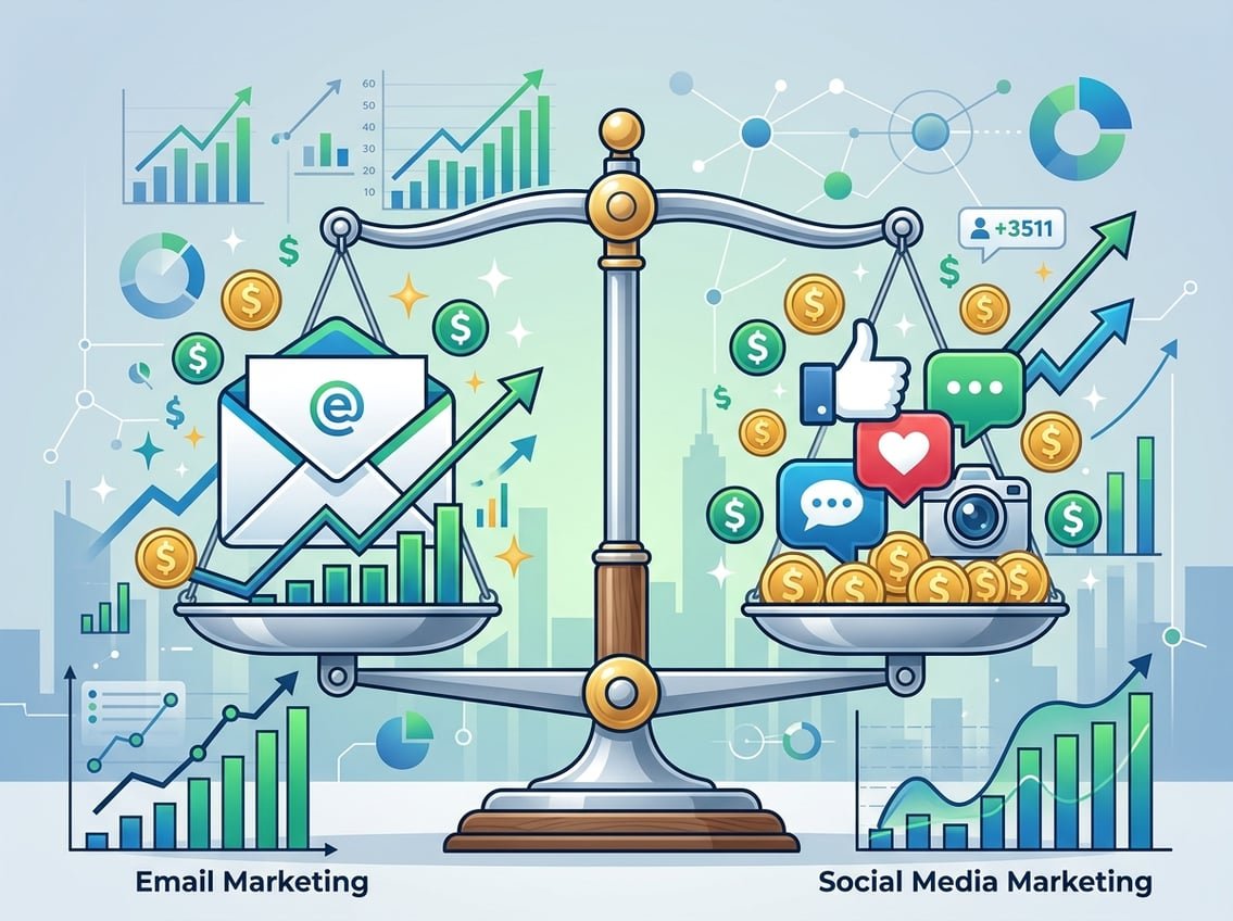 An illustration showing a comparison between email marketing and social media marketing with icons and graphs representing income growth on each side.