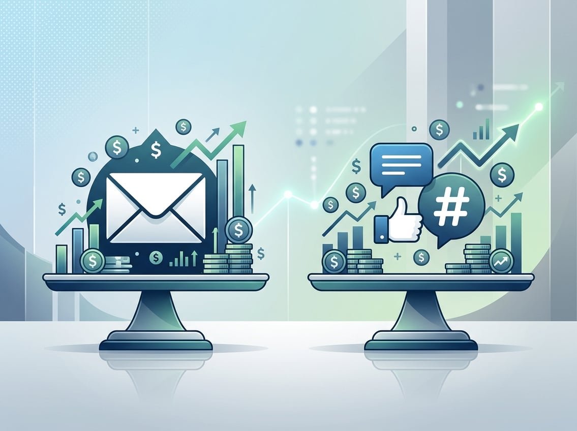 An illustration showing a balanced comparison between email marketing and social media, each represented by icons and financial symbols on two platforms.