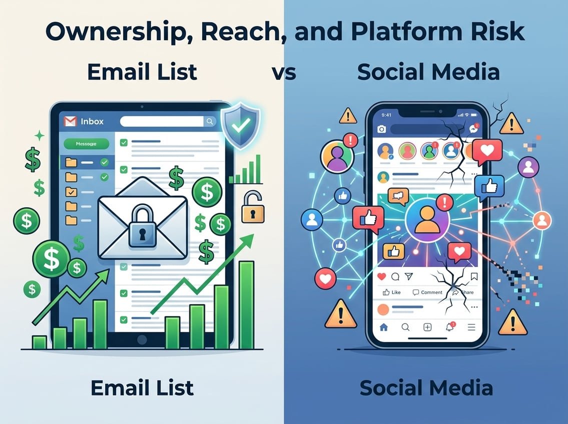 An illustration showing a split scene with a secure email inbox and rising income symbols on one side, and a social media network with user icons and warning signs on the other side, representing ownership and platform risk.