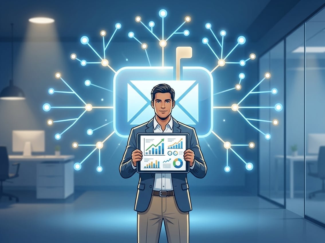 A businessperson standing beside a large glowing email inbox icon connected to a network of email contacts, holding a tablet with charts, in a modern office setting.