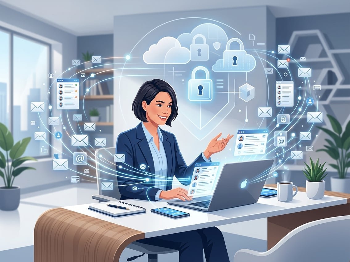A person at a desk with digital devices showing email icons and connected user profiles, surrounded by floating email and data elements representing ownership of an email list.
