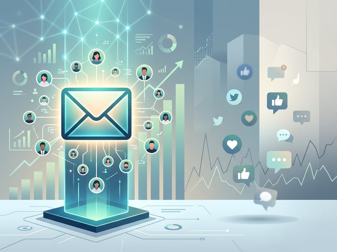Illustration showing a large email envelope connected to multiple user icons on one side, and fading social media icons on the other, with graphs in the background representing business growth.