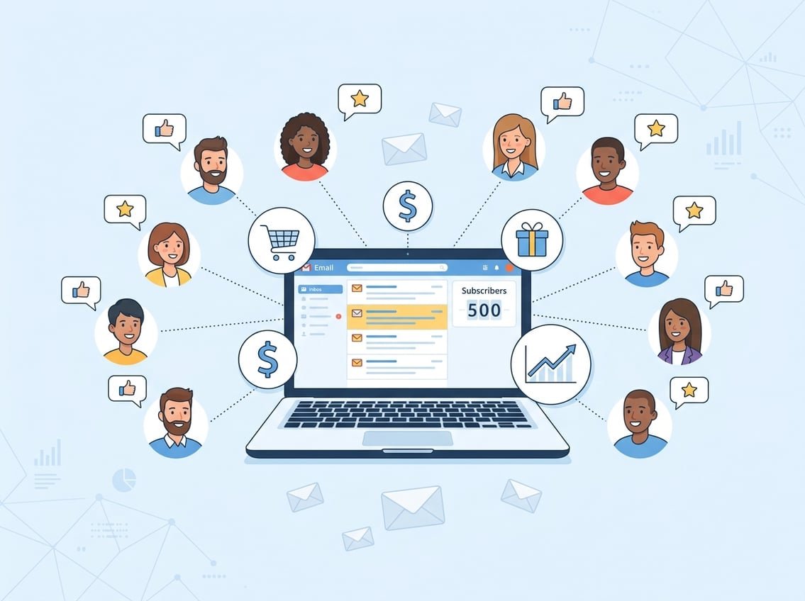 A group of people connected to a laptop showing an email inbox, surrounded by icons representing shopping, money, gifts, and growth.