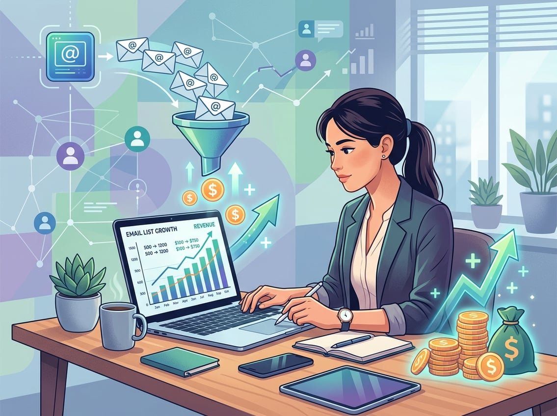 A business professional working at a desk with a laptop displaying a small email list and icons representing earnings and growth around them.