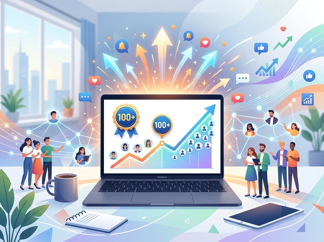 A digital workspace with a laptop showing a rising graph and user icons, surrounded by arrows and people connected by lines representing subscriber growth.