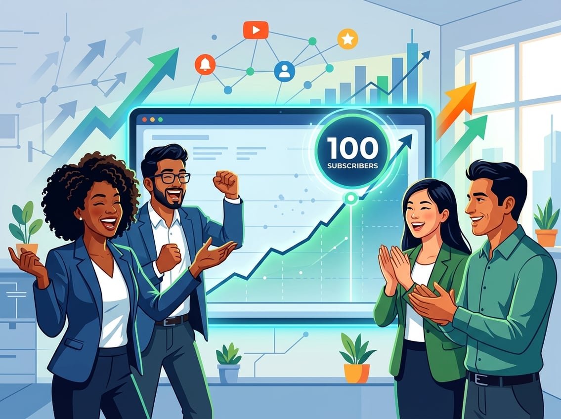 A group of people gathered around a screen showing a rising graph with the number 100 highlighted, symbolizing reaching the first milestone in subscriber growth.