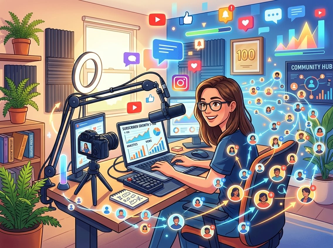 A digital content creator's workspace with a laptop, microphone, camera, and icons representing subscriber growth and community connections.