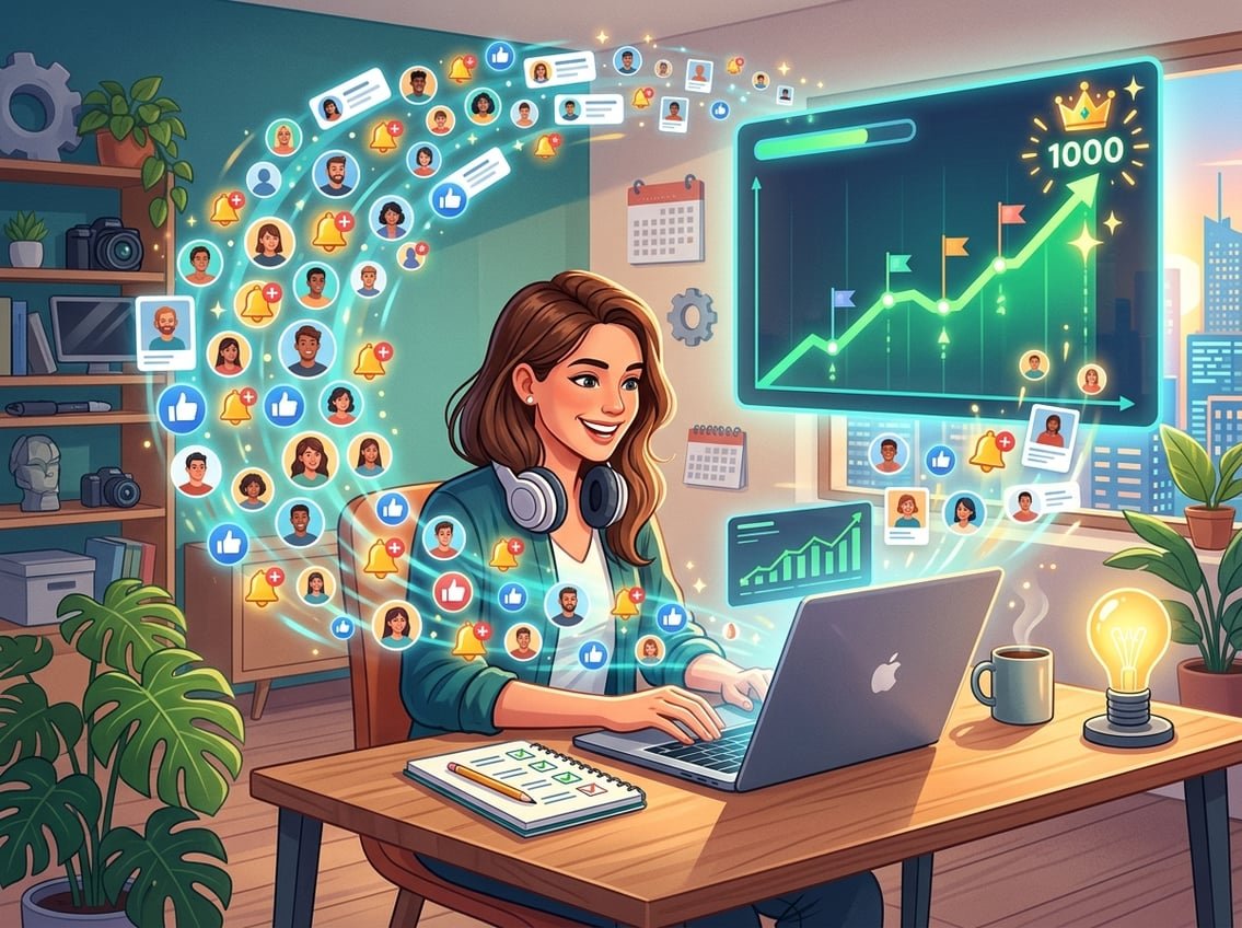 A person working at a desk with a laptop, surrounded by subscriber icons and a progress bar showing growth towards 1000 subscribers.