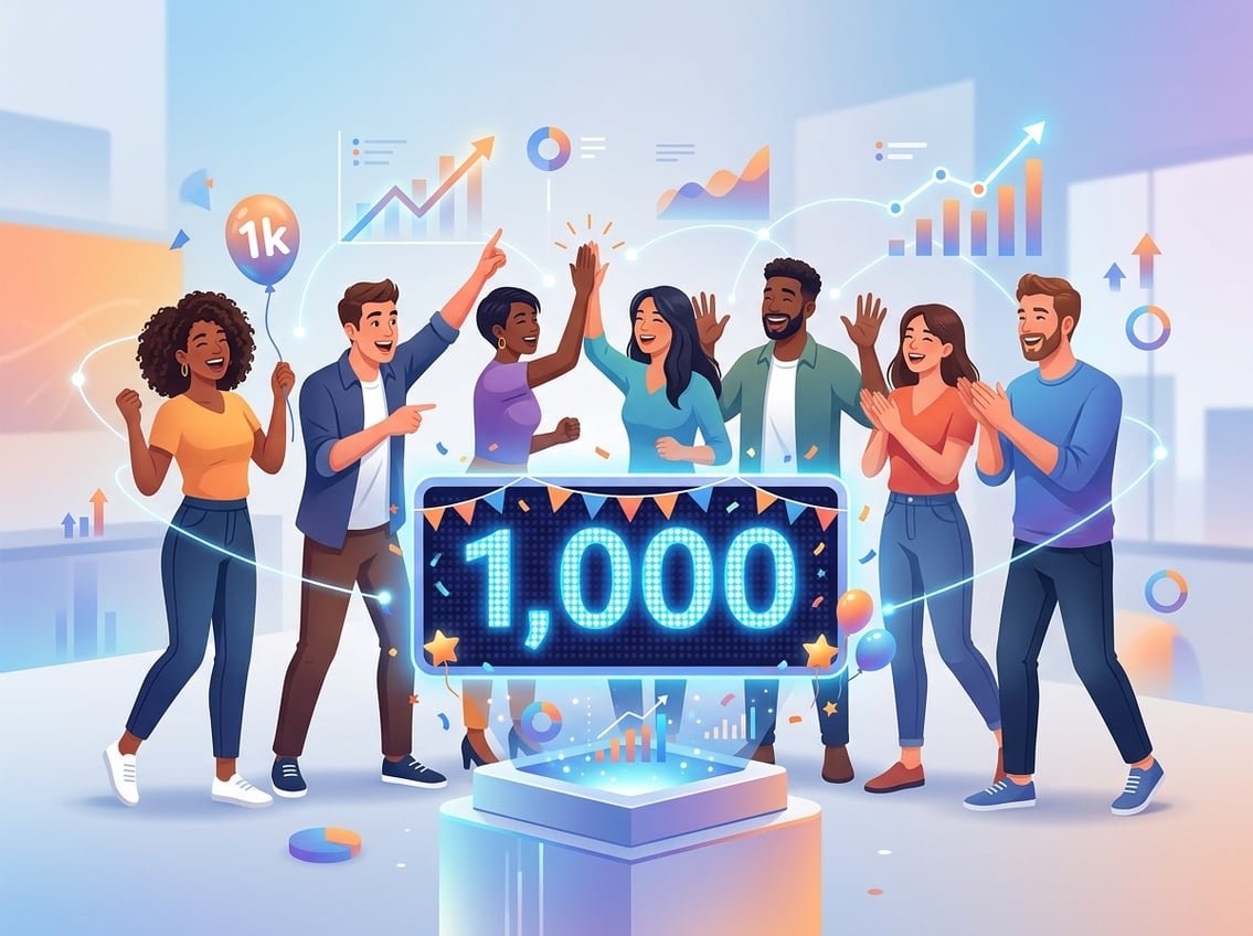 A group of people celebrating as a large digital counter shows the number 1,000, symbolizing reaching a subscriber milestone.