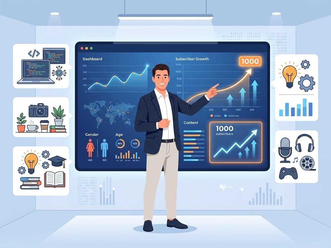 A content creator standing before a digital dashboard with charts and niche topic icons, pointing to subscriber growth indicators.
