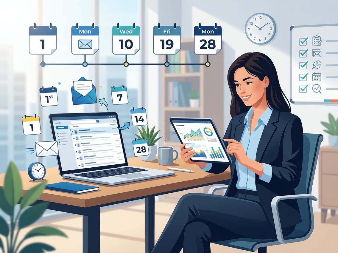A business person reviewing email analytics on a tablet at a desk with a laptop, floating envelopes, calendar icons, and a clock representing email scheduling.