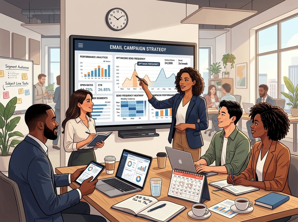 A group of professionals in an office discussing email marketing strategy around a large digital screen showing charts and data.