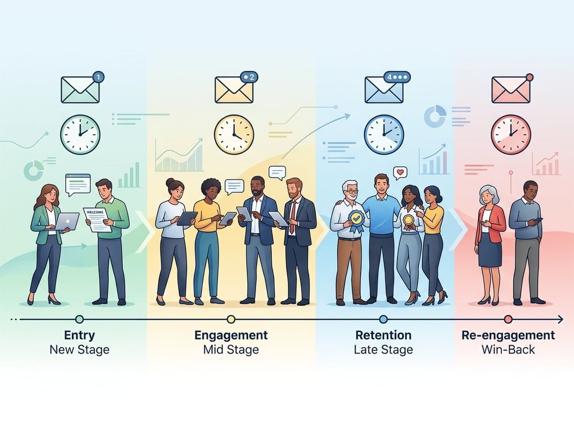 An illustration showing different groups of people along a timeline with icons representing email frequency and timing intervals.