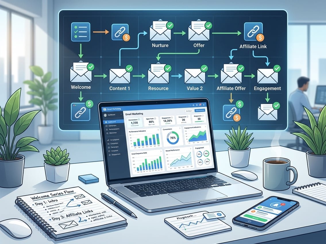 A modern workspace with a laptop showing an email marketing dashboard, notes, a smartphone, and a digital screen displaying an email sequence flowchart with envelopes and arrows.