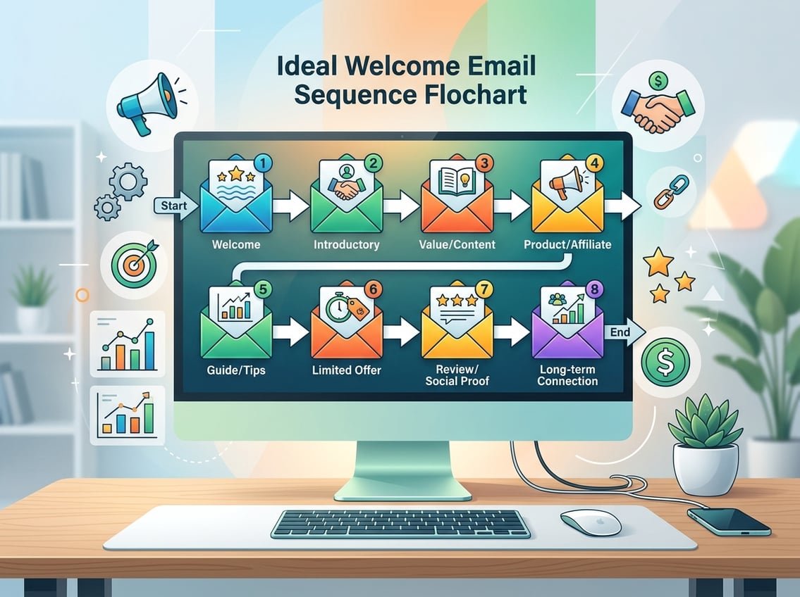 A digital workspace showing a computer screen with a flowchart of connected email envelopes representing a welcome email sequence, surrounded by marketing-related icons.