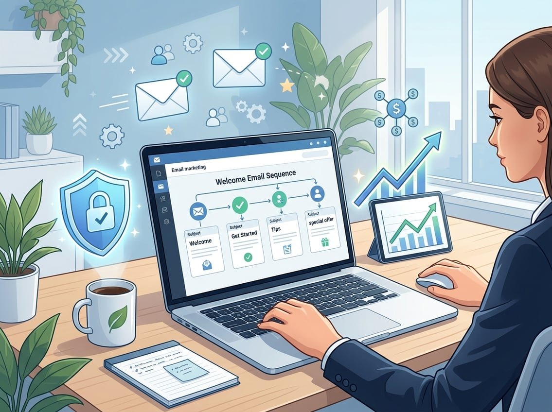 A workspace with a laptop showing an email interface, surrounded by icons representing trust and growth in email marketing.