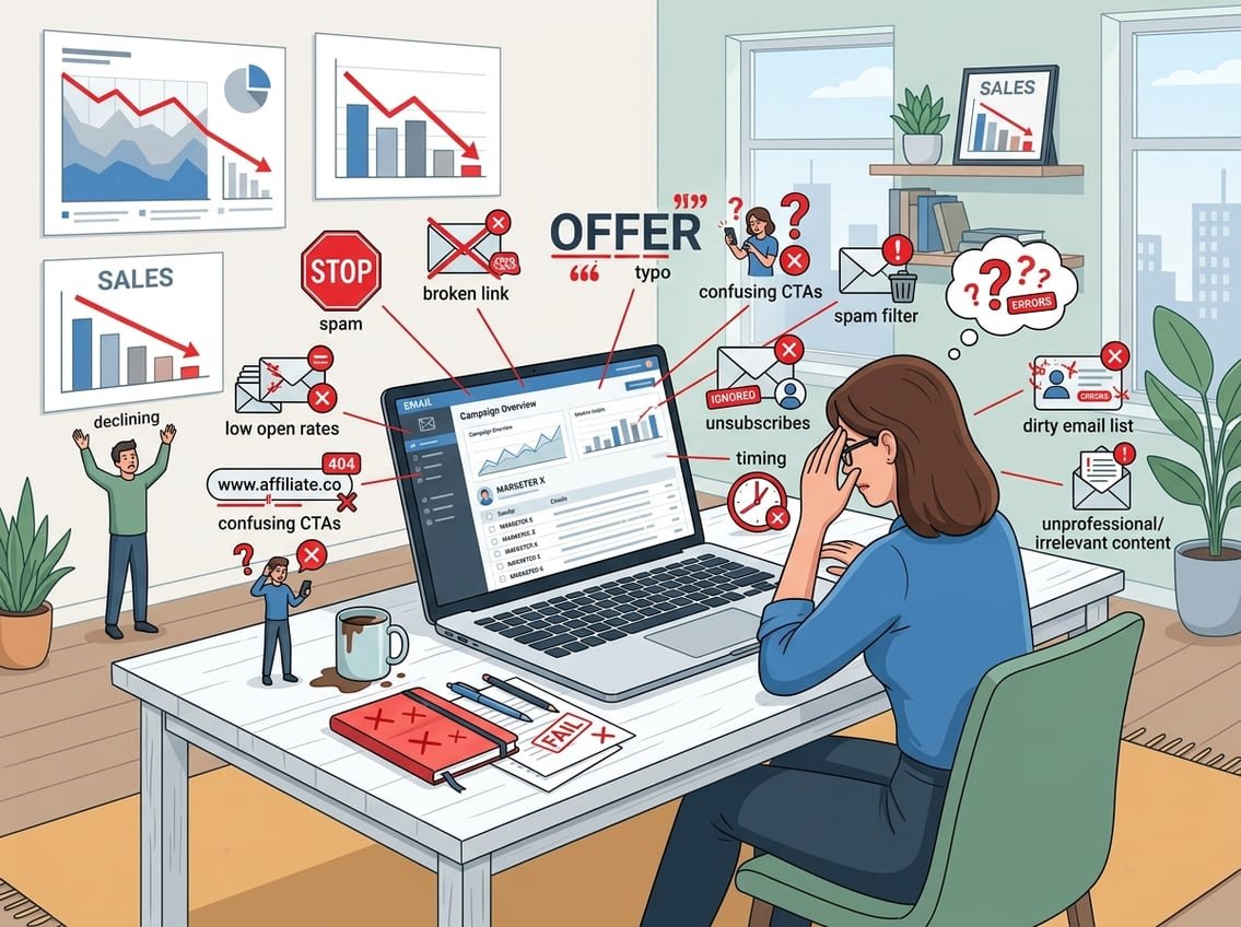 A workspace with a laptop showing an email interface surrounded by icons of email mistakes like broken links and spam, with charts indicating declining sales and small characters expressing frustration.