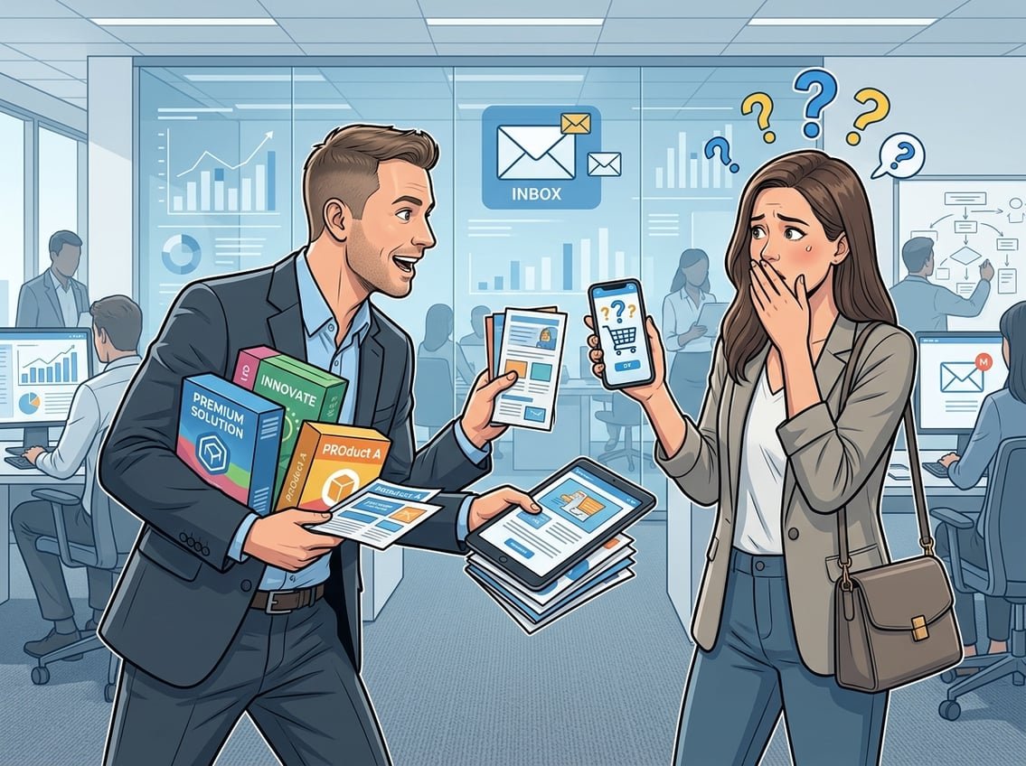 A marketer eagerly presenting products to a confused customer holding a smartphone in an office setting.
