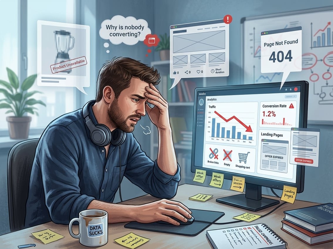 A frustrated marketer at a desk reviewing poor website analytics showing low traffic and weak offers on a computer screen.