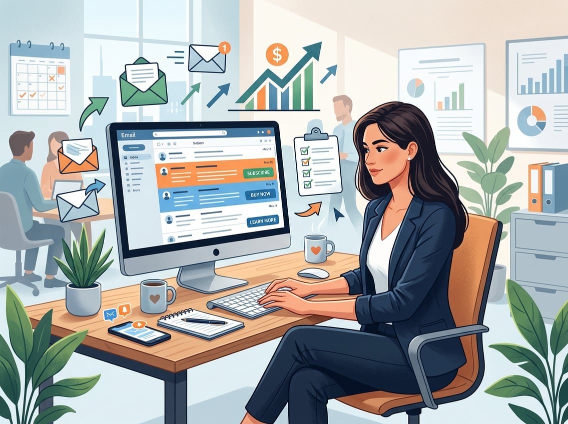 A person working at a desk with a computer showing an email inbox, surrounded by icons representing communication, sales growth, and digital marketing.