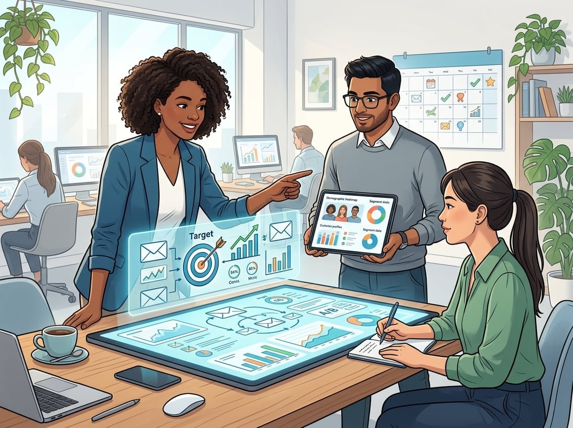 Three professionals collaborating around a digital screen displaying email marketing visuals in a modern office setting.