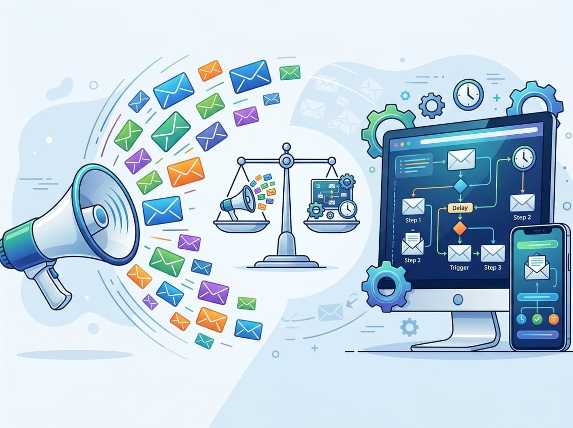 A digital illustration showing a megaphone sending out multiple emails on one side and a device displaying automated email sequences with gears and clocks on the other side, with a balanced scale between them.