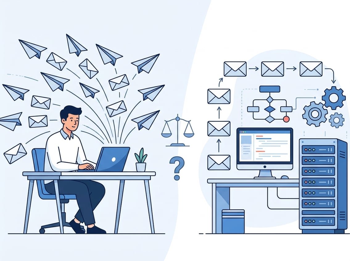 An illustration comparing broadcast emails sent all at once from a person at a desk and automated emails sent in a timed sequence from a computer system.