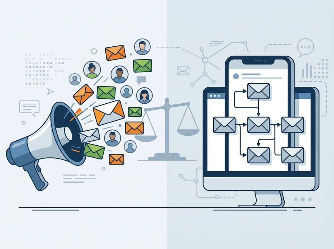 A balanced scene showing a megaphone sending many emails on one side and a computer screen displaying an automated email sequence on the other, connected by a scale representing decision-making.
