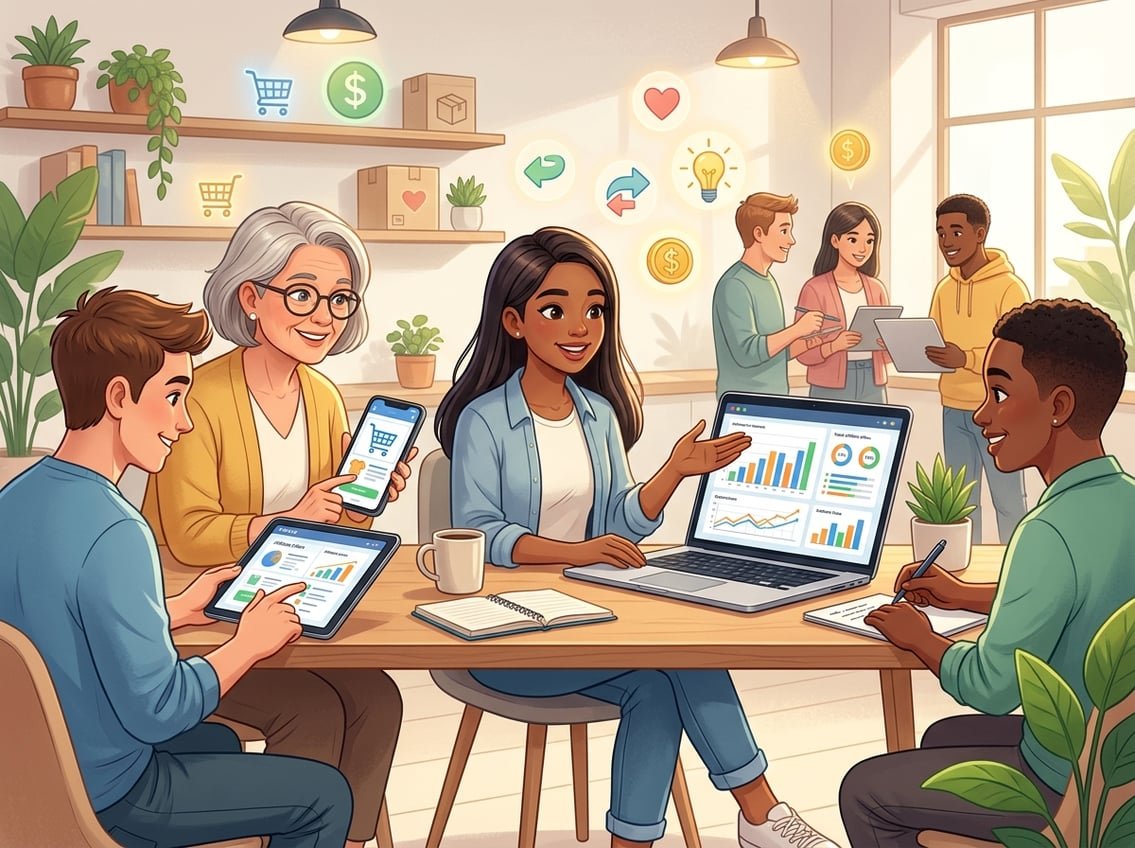 A group of diverse people working at a desk with laptops and digital devices surrounded by icons representing online shopping and money.