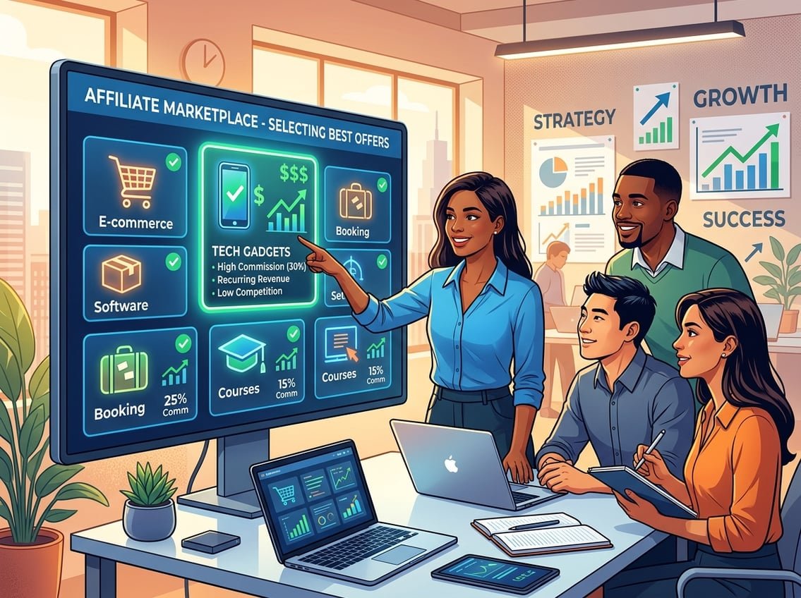 A group of young professionals in an office looking at a large screen displaying affiliate marketing icons and charts, discussing and selecting offers.
