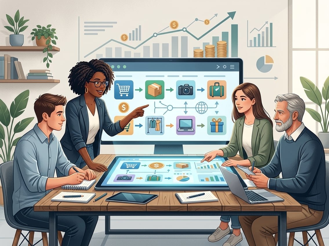 A group of people gathered around a large screen displaying icons representing different income categories, discussing and planning strategies for building long-term income.