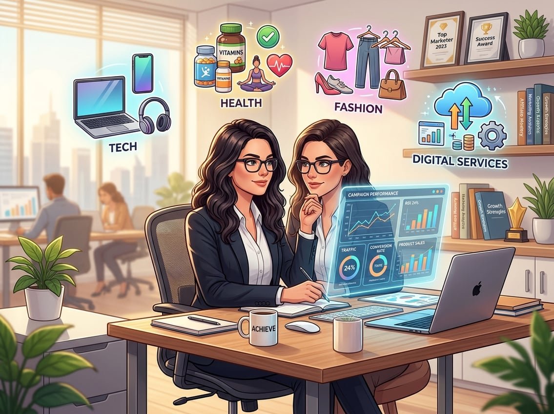 A person at a desk analyzing charts and icons representing various products in a bright office setting.