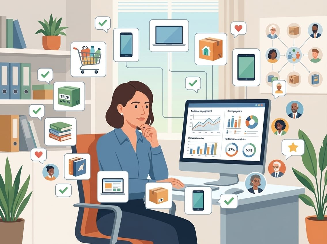 A person at a desk reviewing charts and diverse product icons, focusing on choosing affiliate products based on audience preferences.