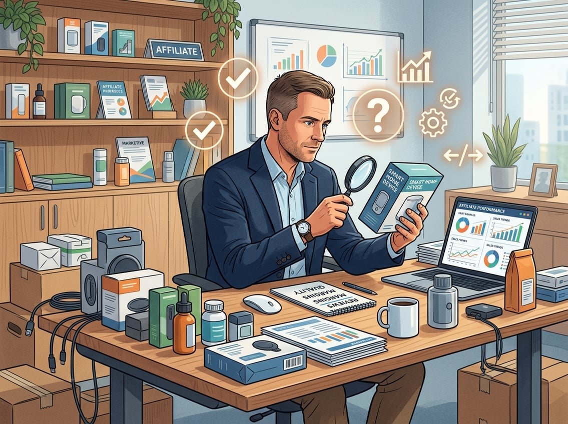 A person at a desk examining a product box with a magnifying glass, surrounded by product samples and charts in an office setting.