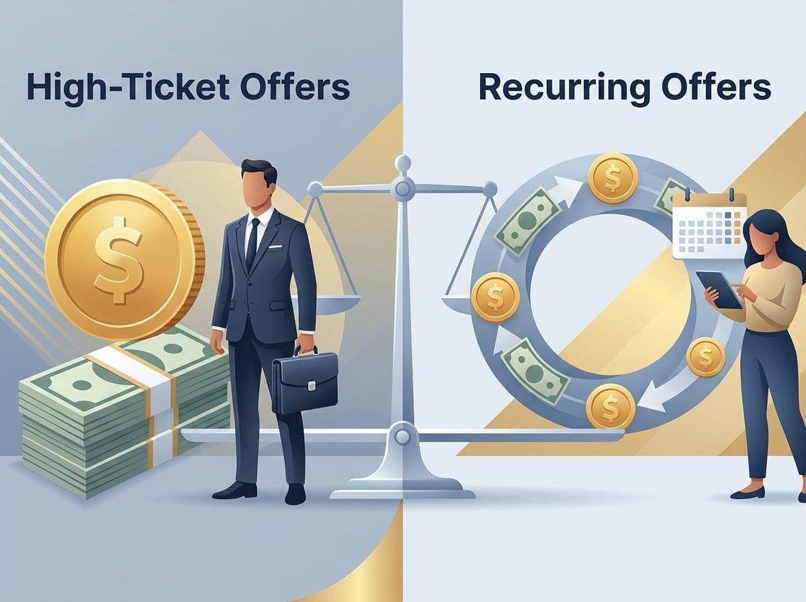 An illustration showing a comparison between high-ticket affiliate offers with large coins and a businessperson on one side, and recurring affiliate offers with smaller coins in a loop and a person using a tablet on the other side, balanced by a scale in the center.