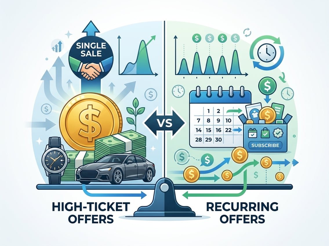 A balanced comparison illustration showing symbols of high-ticket offers like large coins and luxury items on one side, and recurring offers like calendars and subscription boxes on the other.