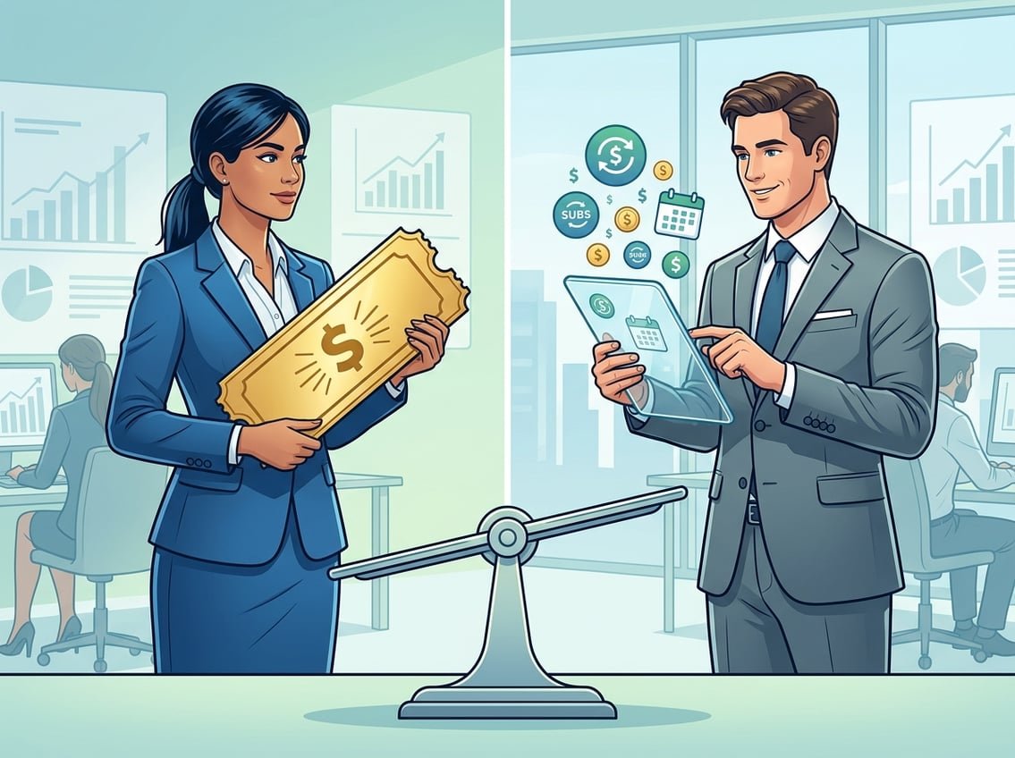 Two businesspeople compare high-value one-time sales and recurring subscription earnings with a balance scale between them in a modern office setting.