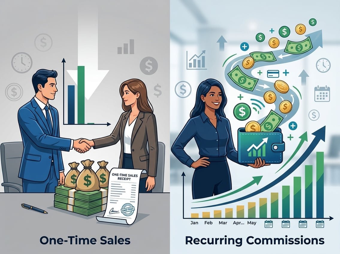 Two side-by-side scenes showing a single large sale on the left and multiple smaller payments growing over time on the right, representing recurring commissions.