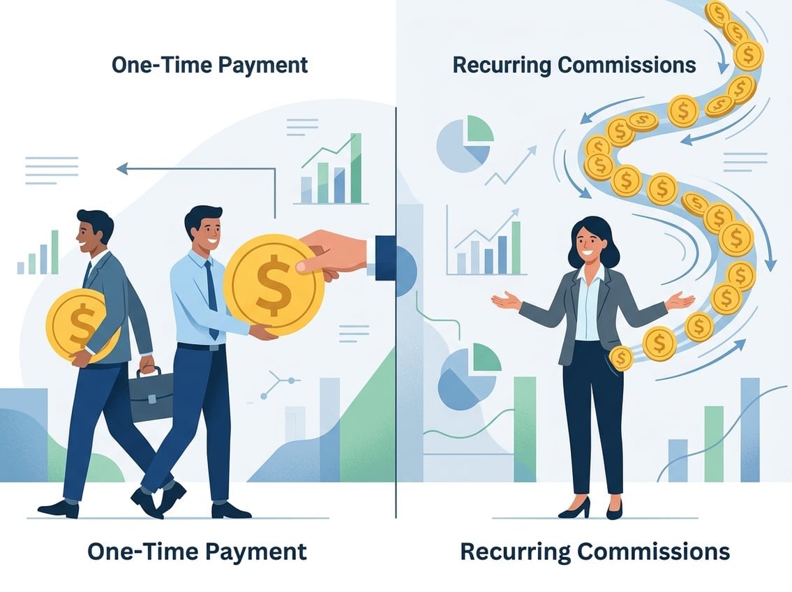 A person receiving a single large payment on one side and continuous smaller payments flowing towards another person on the other side, illustrating one-time versus recurring commissions.
