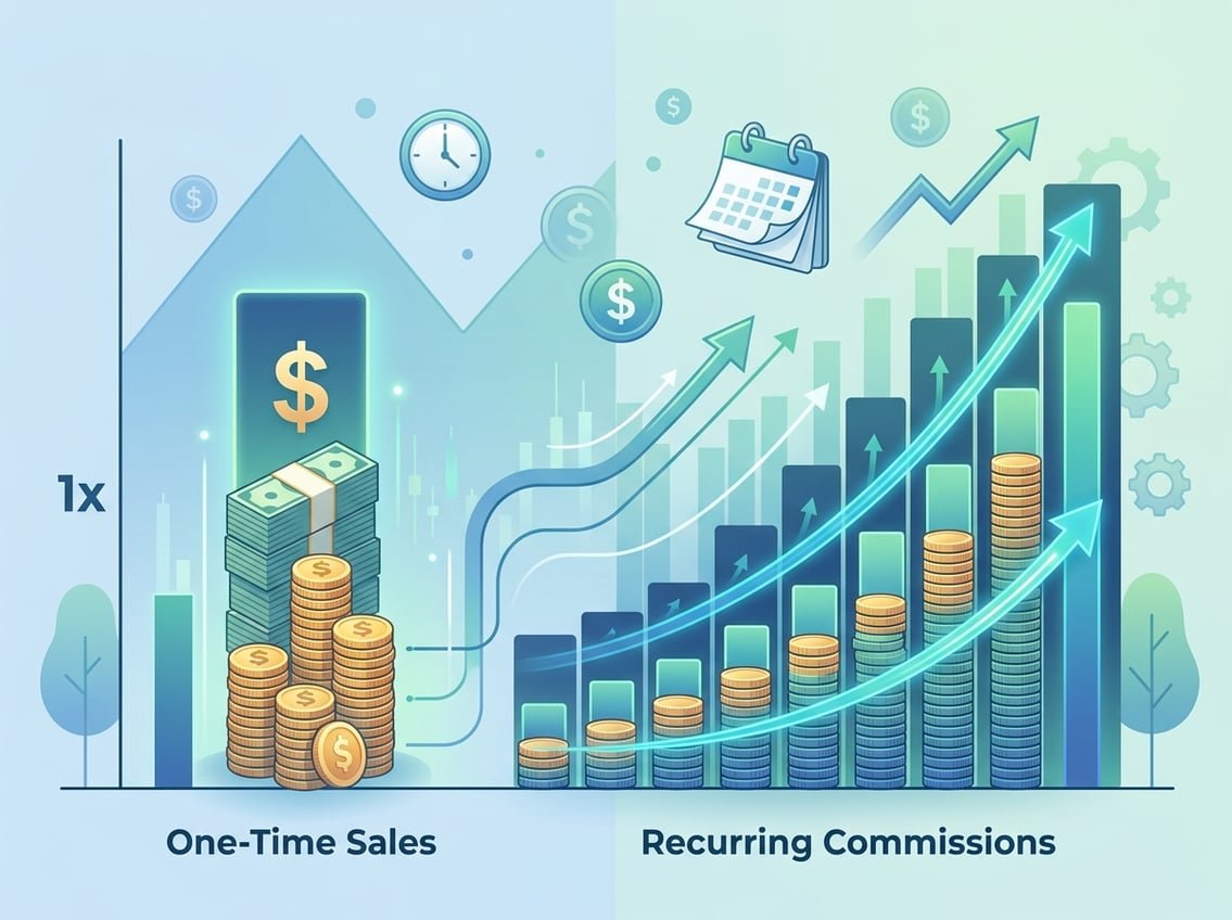 Two financial charts side by side showing a single large payout on one side and multiple smaller payouts growing over time on the other.