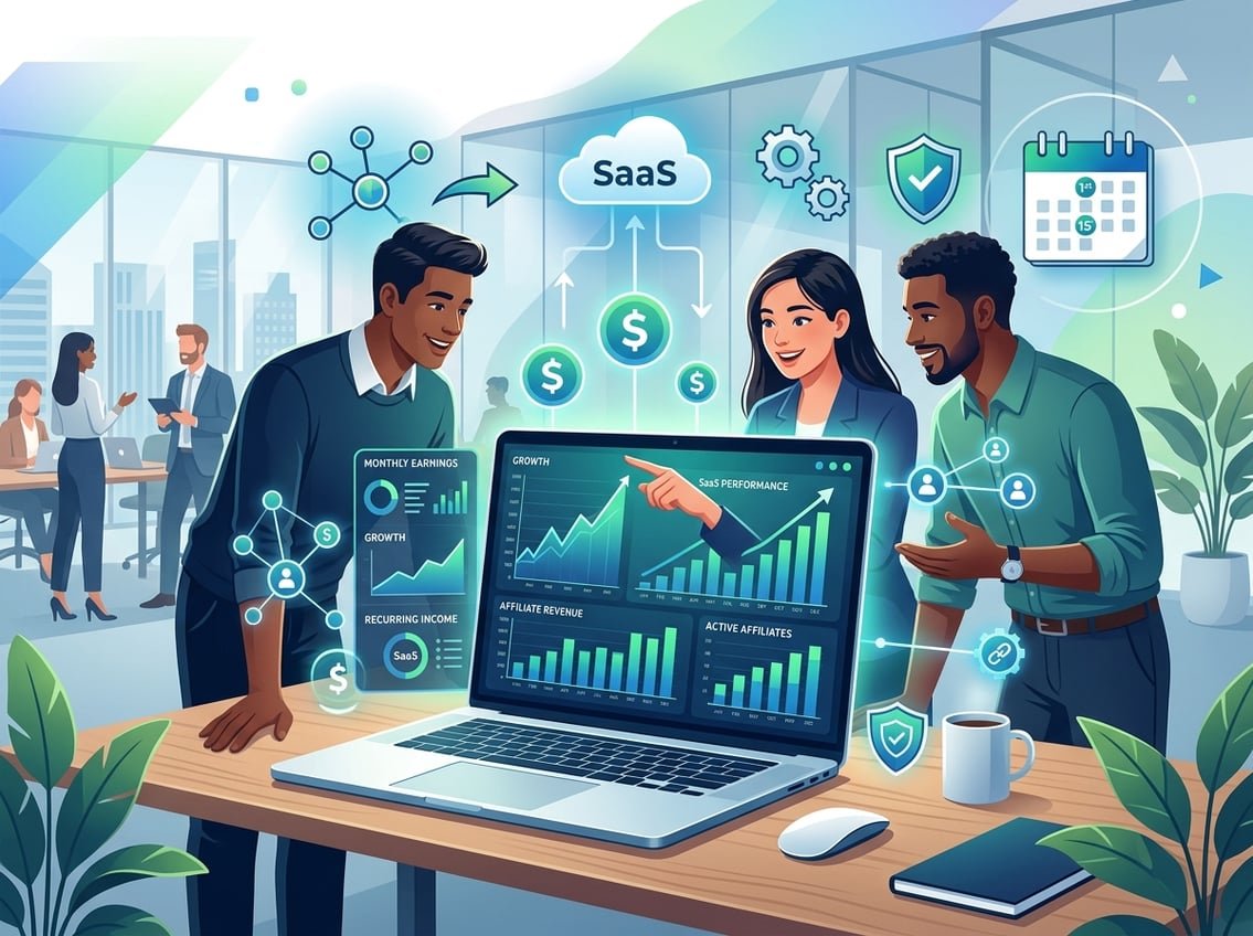 A modern office scene with professionals gathered around a laptop showing charts and icons representing software, cloud services, and monthly payments.
