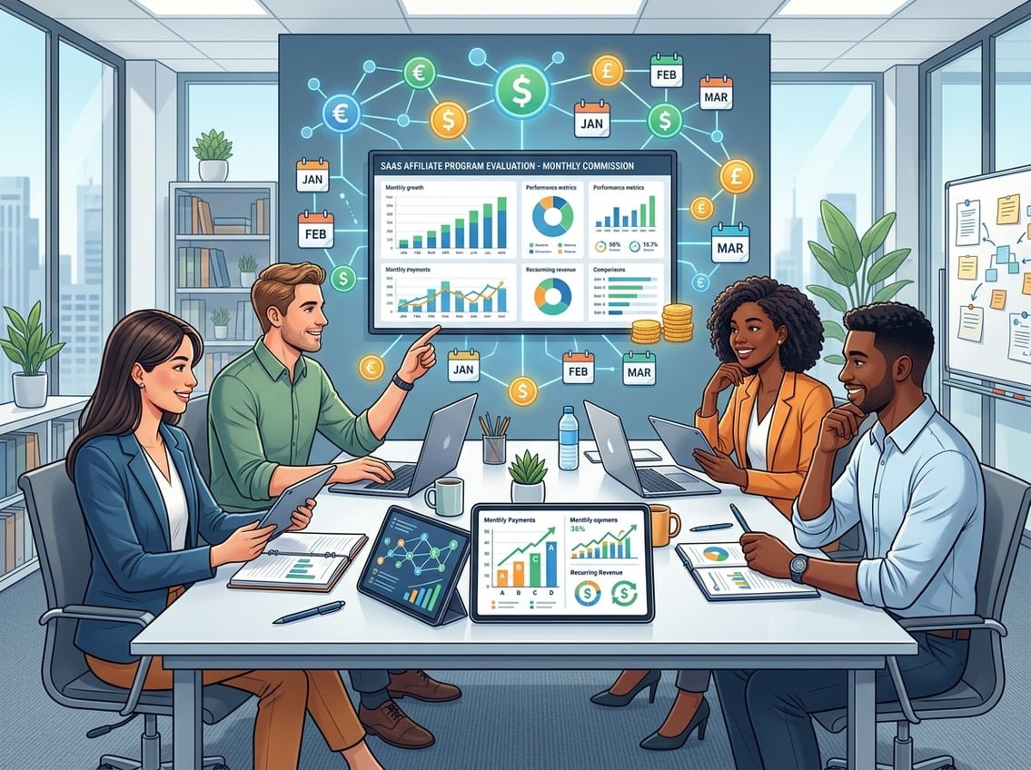 Business professionals reviewing charts and digital screens in a modern office, discussing monthly-paying SaaS affiliate programs.