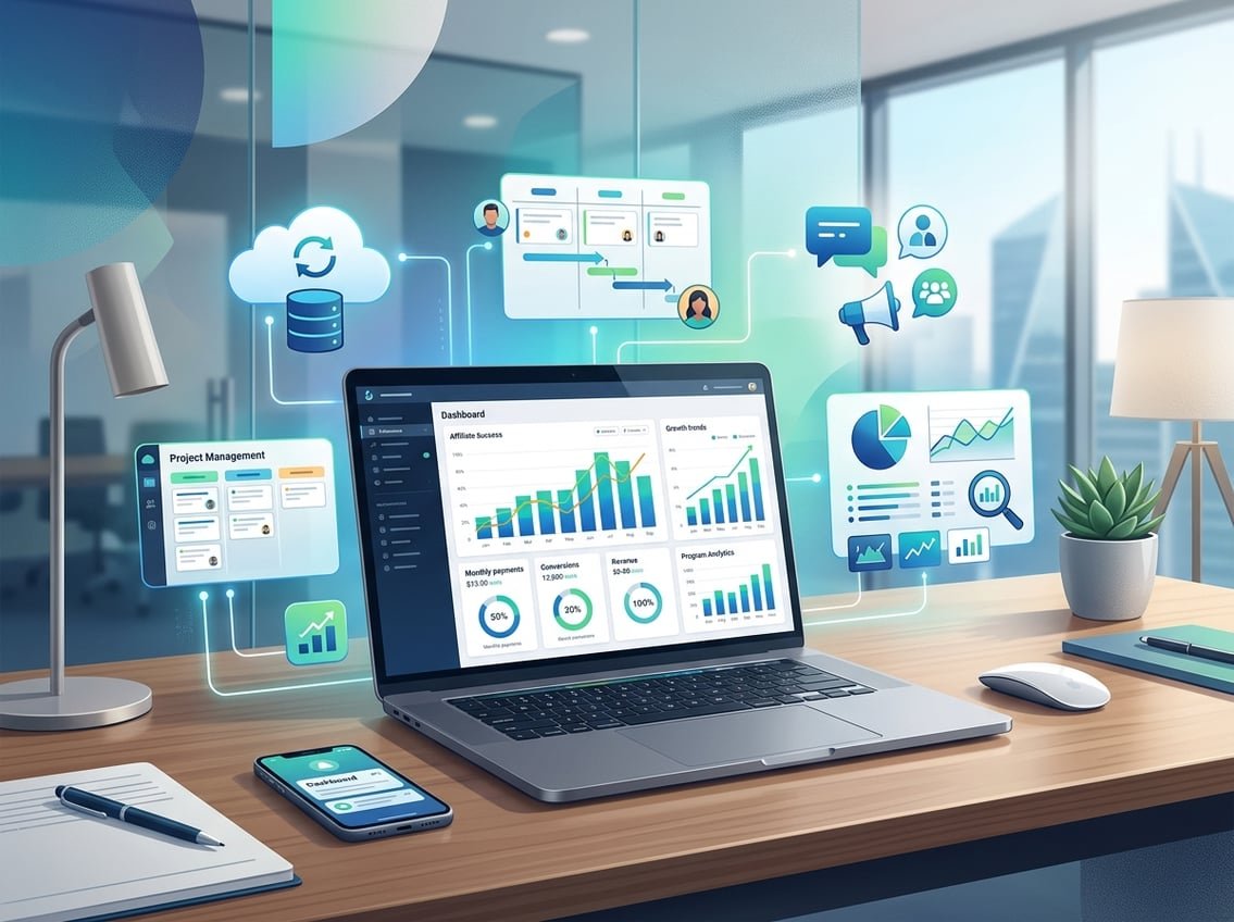 A modern workspace with a laptop showing charts and icons representing different SaaS categories related to affiliate programs.