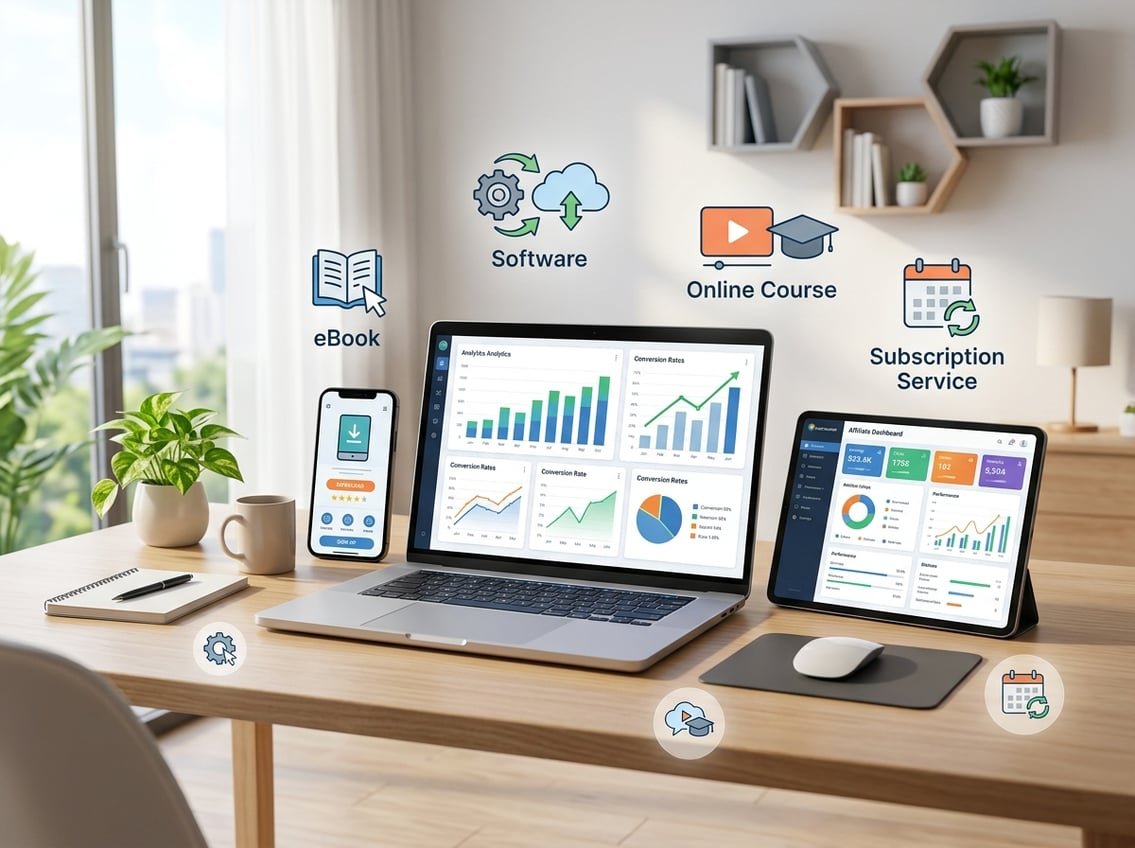 A modern workspace with a laptop, smartphone, and tablet displaying digital product and affiliate marketing interfaces on a clean desk with plants.