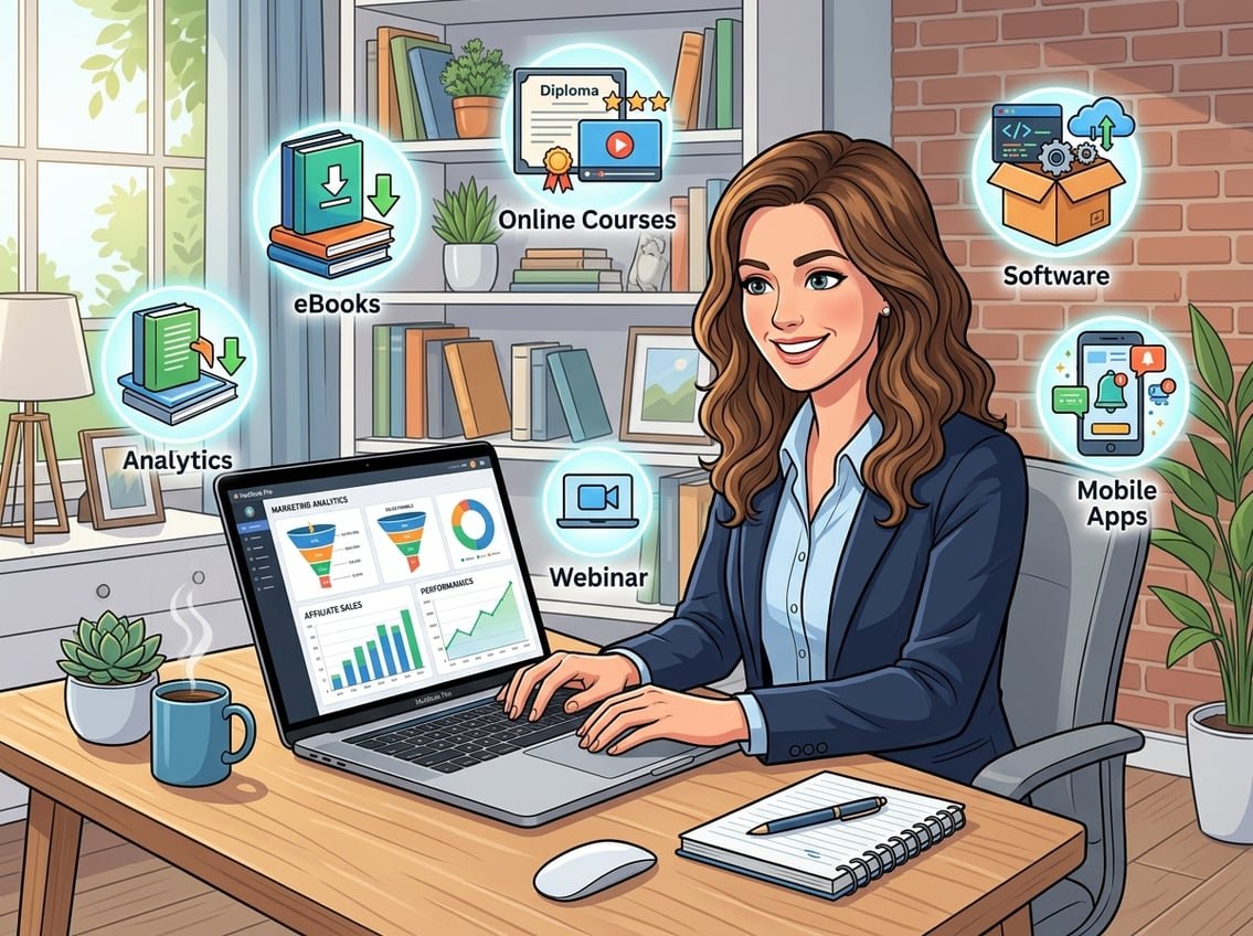 A person working at a desk with a laptop displaying sales charts, surrounded by icons representing digital products like eBooks, software, and online courses in a bright home office.