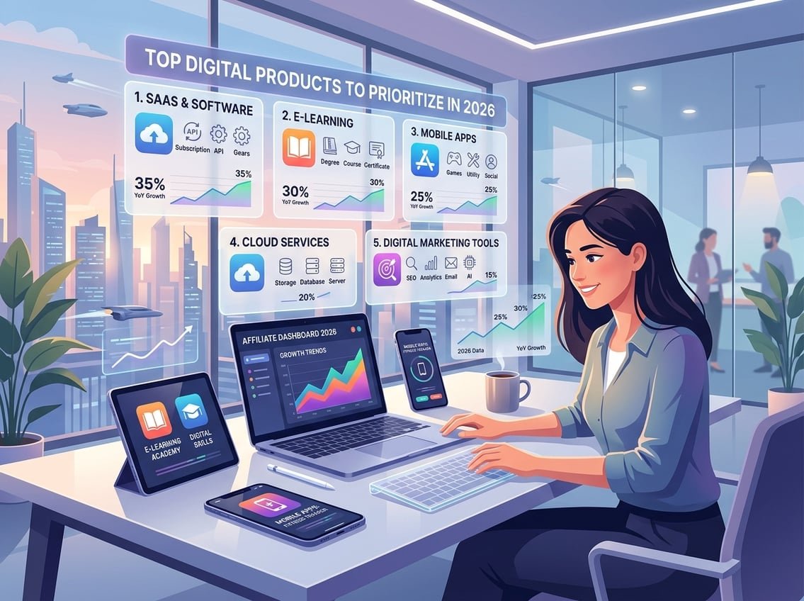 A modern workspace with digital devices displaying icons of various digital product categories and holographic charts indicating growth.