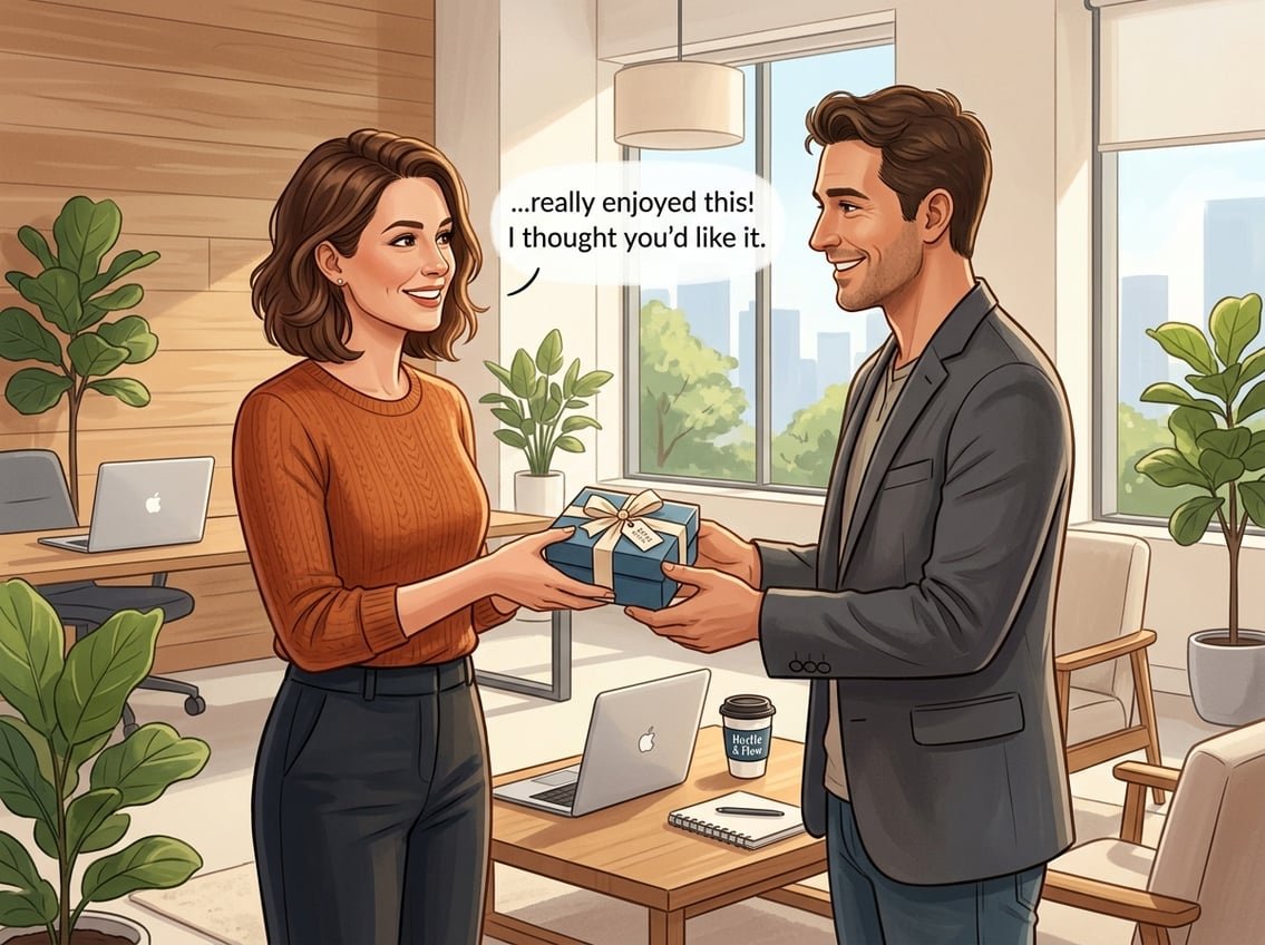 Two people having a friendly conversation in an office, one gently offering a small gift to the other, both smiling and relaxed.