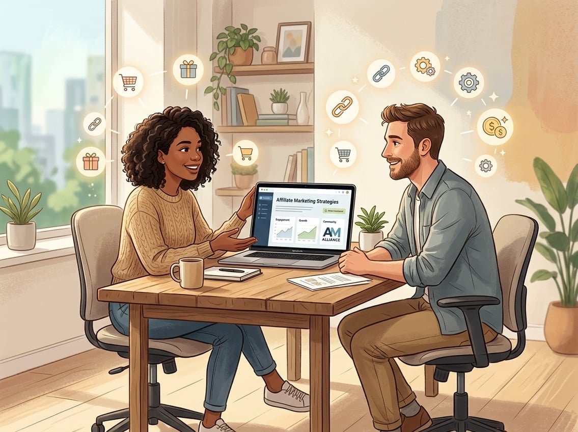 Two people sitting together at a desk, one showing something on a laptop while the other listens attentively in a calm and friendly setting.