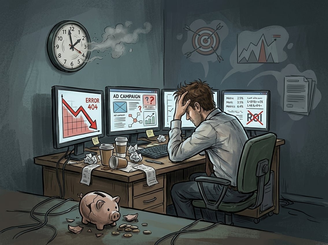 A stressed person at a messy desk with multiple screens showing declining graphs and error messages, surrounded by broken piggy bank and scattered papers, symbolizing mistakes in affiliate marketing.